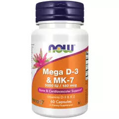 D+K - Mega-D3 & MK-7 60 capsules - vitamin D3 5000iu + K2 180mcg for improved immunity | NOW