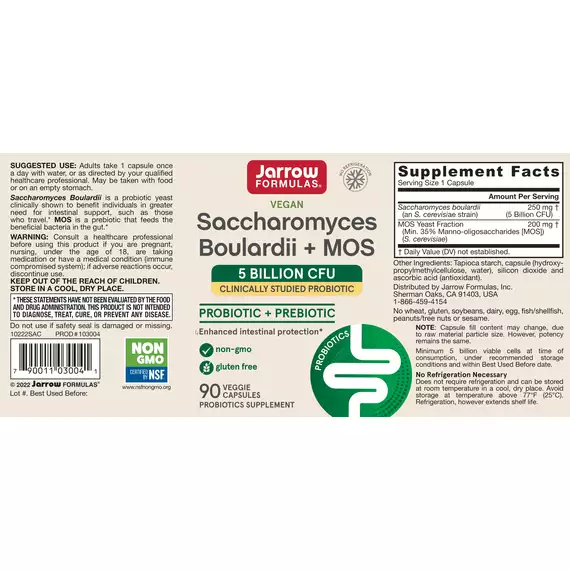 Saccharomyces Boulardii + MOS 5 billion 90 capsules, a probiotic yeast to combat diarrhea  | Jarrow Formulas