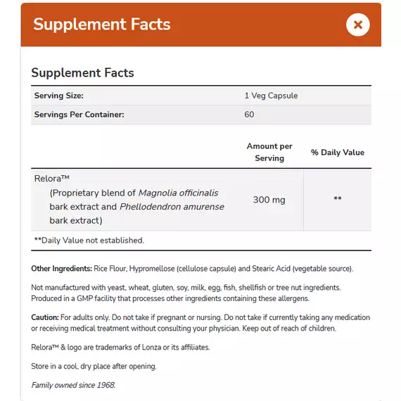 Relora 300mg 120 capsules - for stress and appetite control | NOW