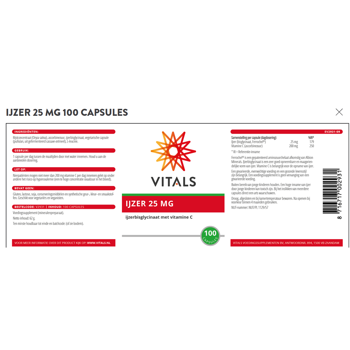 IJzer 25mg 100 capsules chelated iron bisglycinate with vitamin C Vitals