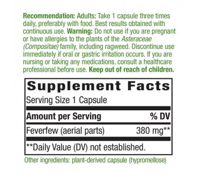 Feverfew Leaves 380mg 100 caps with 0.7% parthenolide | Nature's Way