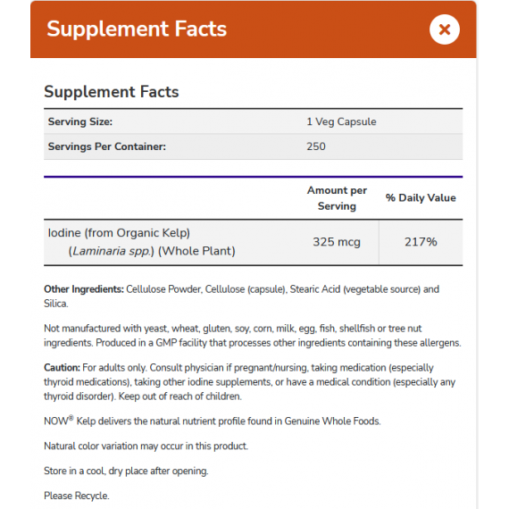 Kelp 250 capsules - seaweed with iodine, supports healthy thyroid function | NOW