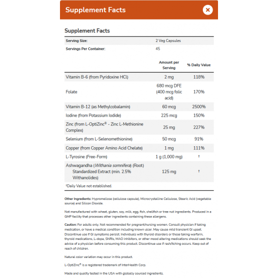 Thyroid Energy™ 90 capsules - tyrosine, ashwagandha, B-vitamines, jodium en sporemineralen om de schildklierfunctie te ondersteunen | NOW