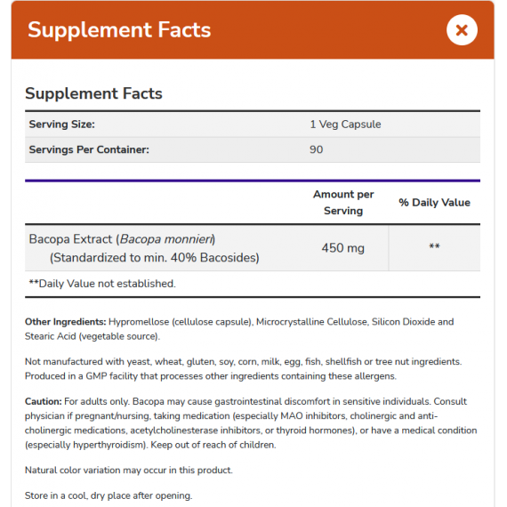 Bacopa 450mg 90 capsules, promotes brain health | NOW