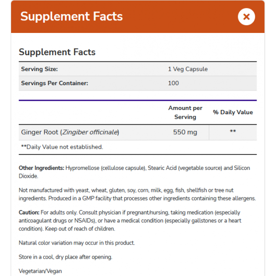 Ginger Root 550mg 100 capsules supports digestion | NOW