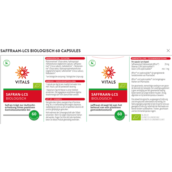 Saffraan-LCS BIO 60 capsules - organic saffron to improve mood | Vitals