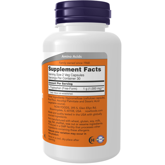Tryptophan 500mg 120 v-capsules - encourages postive mood and promotes restful sleep | NOW Foods