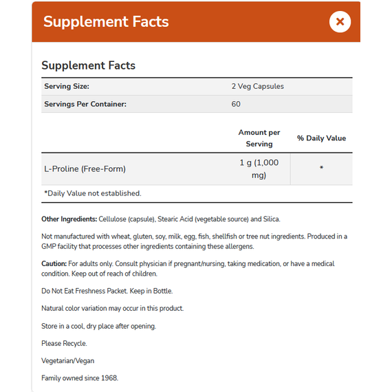 Proline 120 capsules 500mg, building block for collagen | NOW