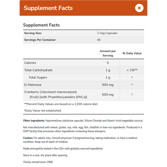 Cranberry+Mannose 90 capsules, a dual action formula for urinary tract health | NOW Foods