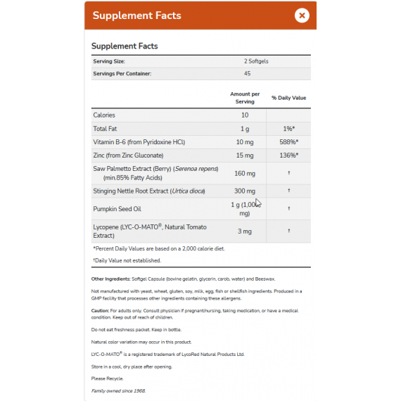 Prostate Support 90 softgels - zaagbladpalmbes, brandnetel, lycopeen, zink en vitamine B6 voor een gezonde prostaat | NOW