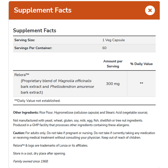 Relora 300mg 120 capsules - for stress and appetite control | NOW