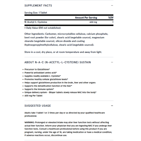 NAC Sustain 60 tablets - N-acetyl-cysteine, antioxidant and glutathione precursor to support liver function | Jarrow Formulas