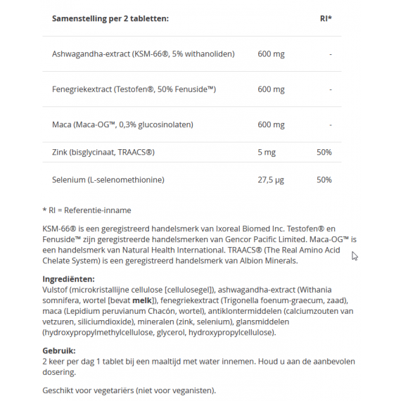 Mannenformule PRO Testosteron 60 tabletten - complete formule voor hoger testosterongehalte en vruchtbaarheid met ashwagandha, maca, fenegriek en zink | Vitals