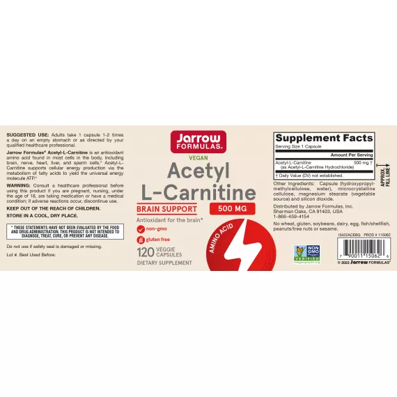 Acetyl-L-carnitine 500mg 120 capsules - the brain-specific carnitine | Jarrow Formulas