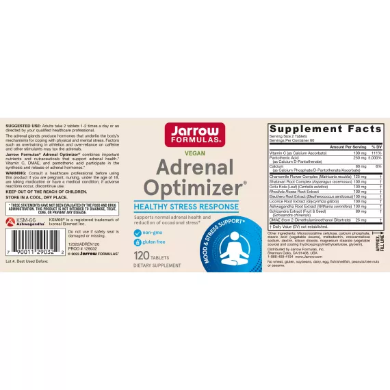 Adrenal Optimizer 120 tablets - chamomile, shativari, ashwagandha, gotu kola, rhodiola, Siberian ginseng, licorice root, schizandra, DMAE | Jarrow Formulas