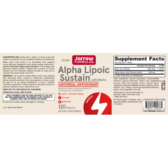 Alpha Lipoic Sustain 300mg 120 tablets -  sustained release alpha lipoic acid and biotin | Jarrow Formulas