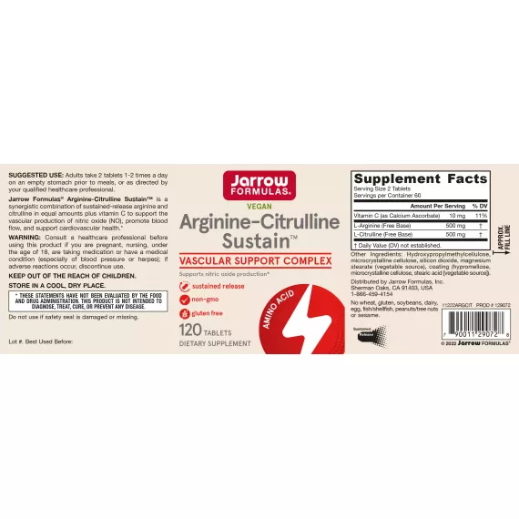 Arginine-Citrulline Sustain 120 tablets - enhances blood flow | Jarrow Formulas