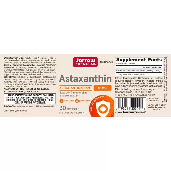 Astaxanthin High Potency 12mg 30 softgels - supports skin, joint and eye health | Jarrow Formulas