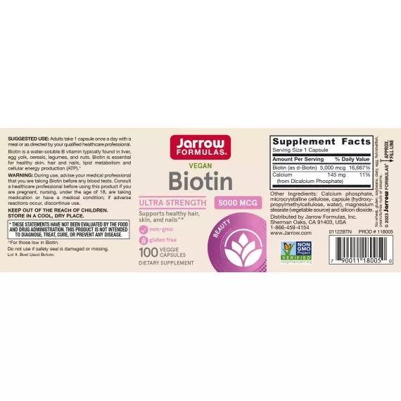 Biotin 5mg 100 capsules - vitamin H for healthy hair and nails| Jarrow Formulas
