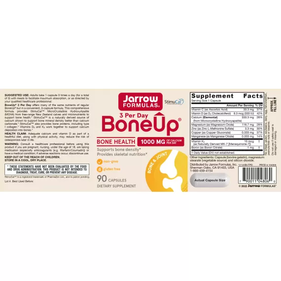 Bone-Up Three Per Day 90 capsules trial-size - calcium (MCHA) , magnesium, vitamine C, D3, K2 (MK-7) - best source of calcium for strong bones | Jarrow Formulas