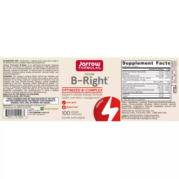 B-Right 100 capsules - best balanced B-vitamin complex with 5MTHF, methyl-B12, P5P and pantethine | Jarrow Formulas