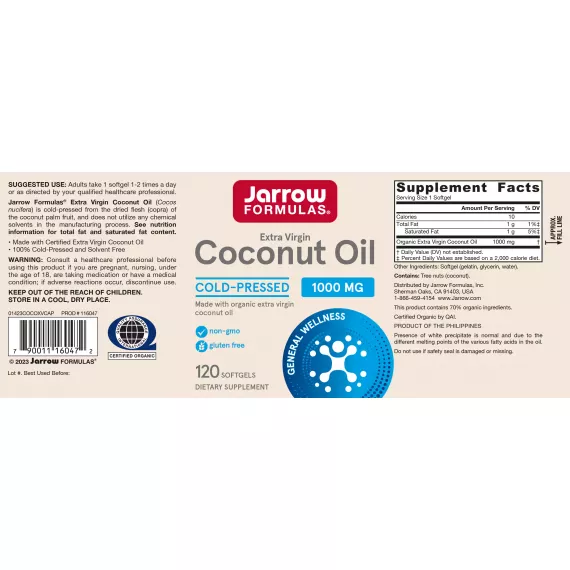 Coconut Oil (Organic Extra Virgin) 120 capsules - extra vergiene biologische kokosolie | Jarrow Formulas