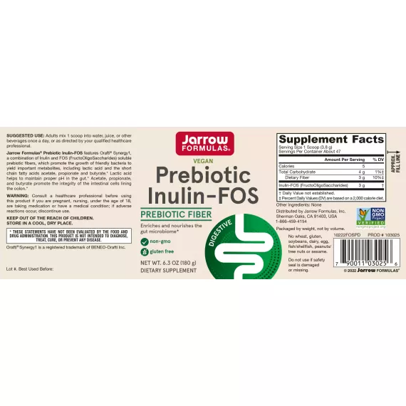 Inulin & FOS 180g - FructoOligoSaccharides, promotes production of short chain fatty acids | Jarrow Formulas