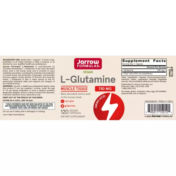 Glutamine 120 capsules 750mg voor gezonde darmen en sneller herstel