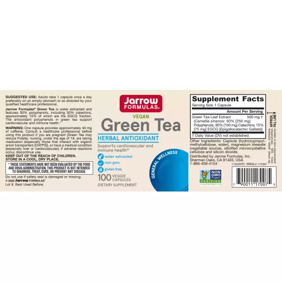 Green Tea 100 capsules - polyphenols, catechines, EGCG to support fat loss and healthy blood flow | Jarrow Formulas