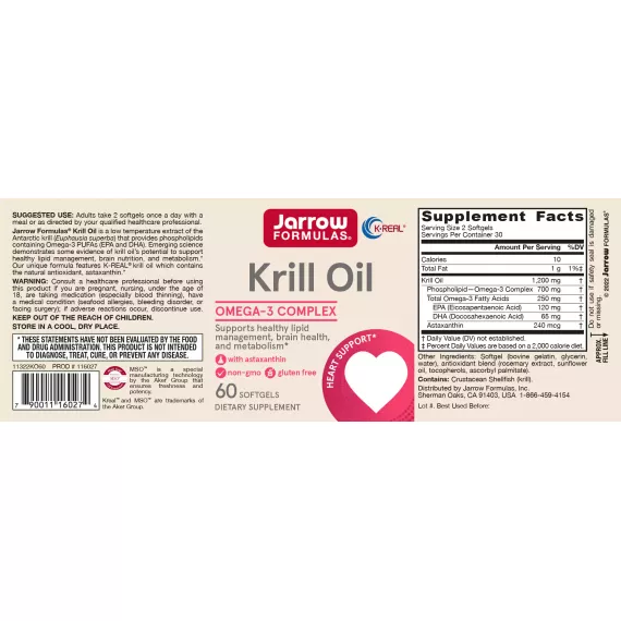 Krill Oil 60 softgels proefverpakking - 100% zuivere krillolie + astaxanthine | Jarrow Formulas