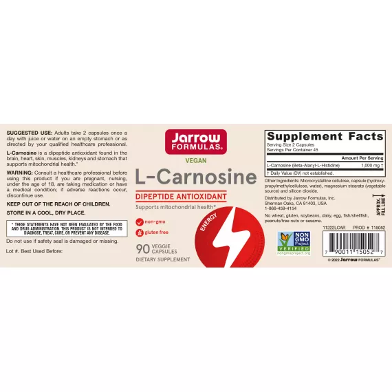 Carnosine 90 capsules - dipeptide alanine-histidine for cellular rejuvenation | Jarrow Formulas