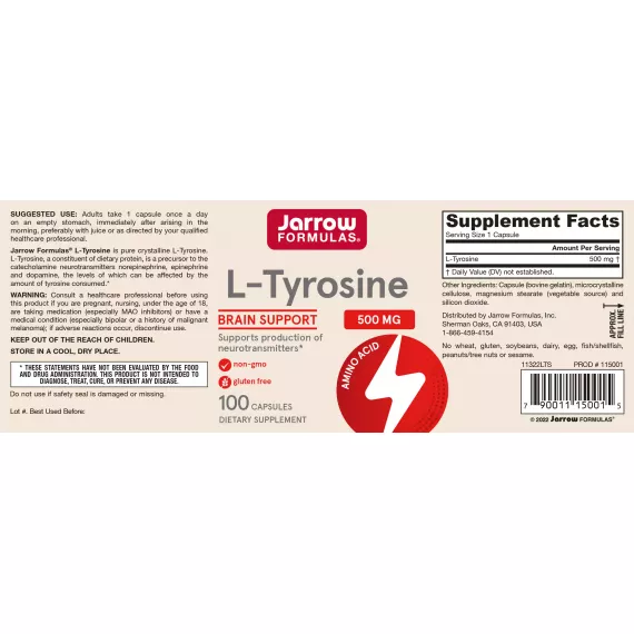 Tyrosine 500mg 100 capsules ondersteunt aanmaak van neurotransmitters | Jarrow Formulas