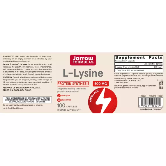 Lysine 500mg 100 capsules - necessary for growth, development, maintenance and repair of tissues | Jarrow Formulas