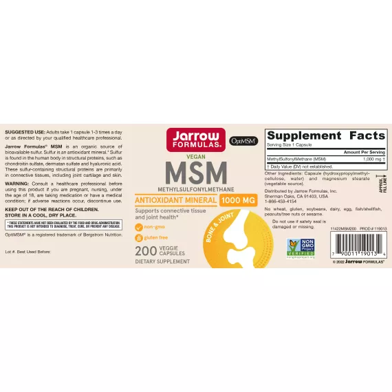 MSM Sulfur 200 capsules - methylsulfonylmethaan voedt gewrichten, pezen, botten, huid en haar | Jarrow Formulas