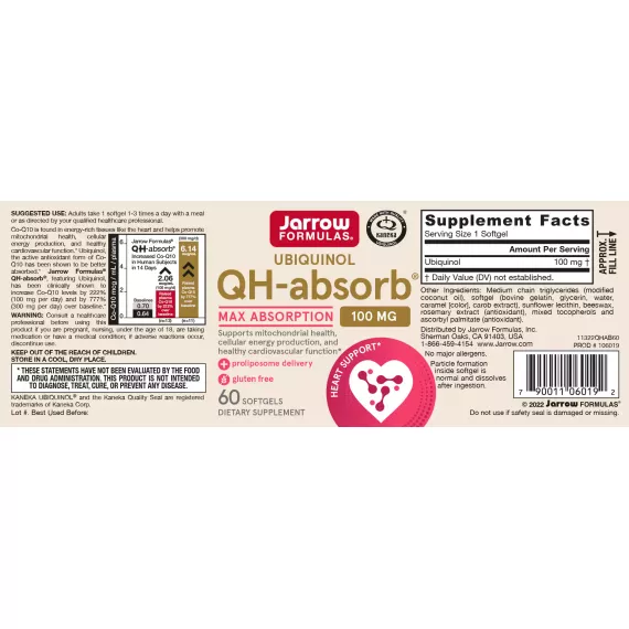 QH-Absorb 100mg 60 softgels - ubiquinol (reduced co-enzyme Q10) for a vital heart | Jarrow Formulas