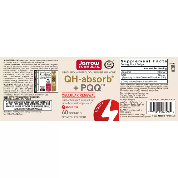PQQ+Q10 - QH-absorb 100mg + PQQ 10mg 60 softgels value-size - ubiqunol+PQQ promotes the creation of new mitochondria | Jarrow Formulas