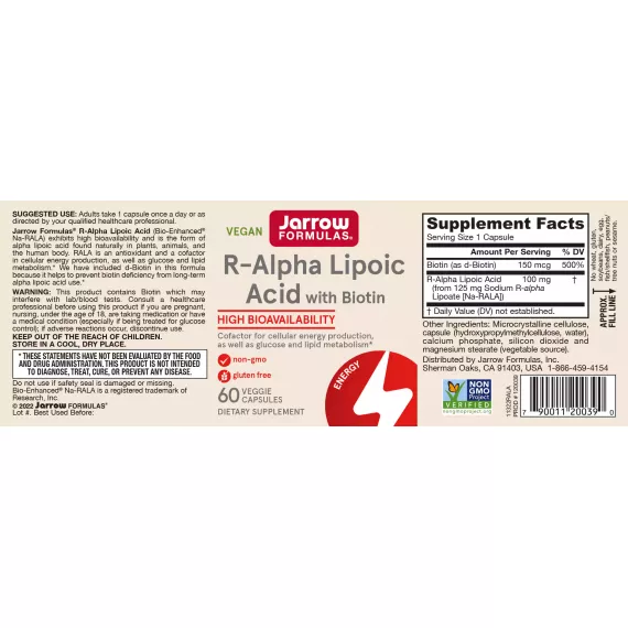 Alpha Lipoic Acid (R+) 60 capsules - R-alpha lipoic acid and biotin | Jarrow Formulas