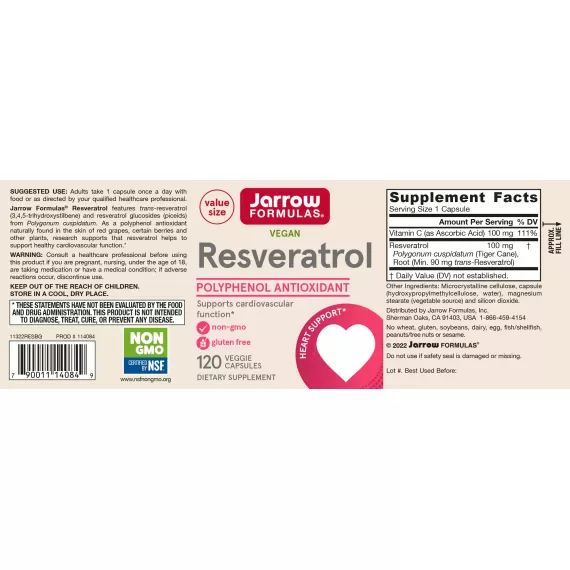 Resveratrol 100mg 120 capsules - protects integrity of capillaries and supports healthy blood flow | Jarrow Formulas