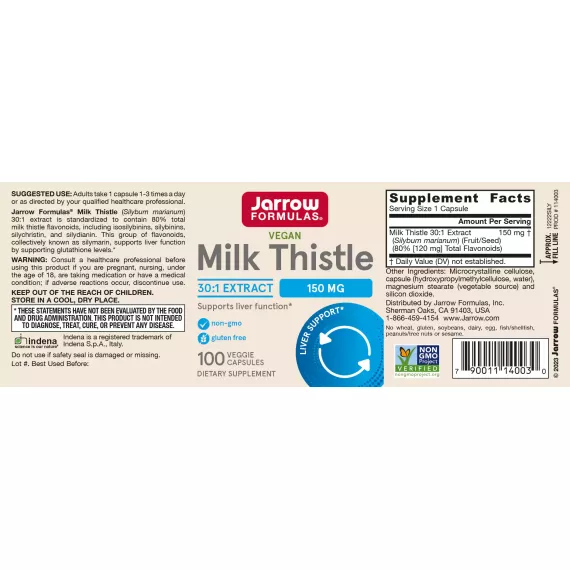Milk Thistle Silymarin 80% 100 capsules kleinverpakking - mariadistel ondersteunt de leverfunctie | Jarrow Formulas