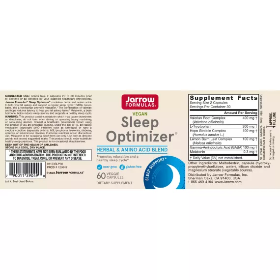 Sleep Optimizer 60 capsules - GABA, melatonin, tryptophan, hops, lemon balm & valerian | Jarrow Formulas