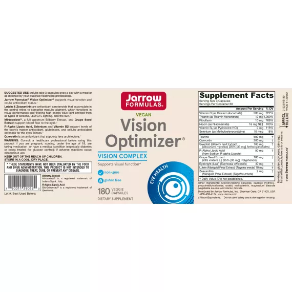 Vision Optimizer 180 capsules - luteïne, zeaxanthine, Zweedse bosbes, druivepit,  ogentroost, ALA, quercetine | Jarrow Formulas