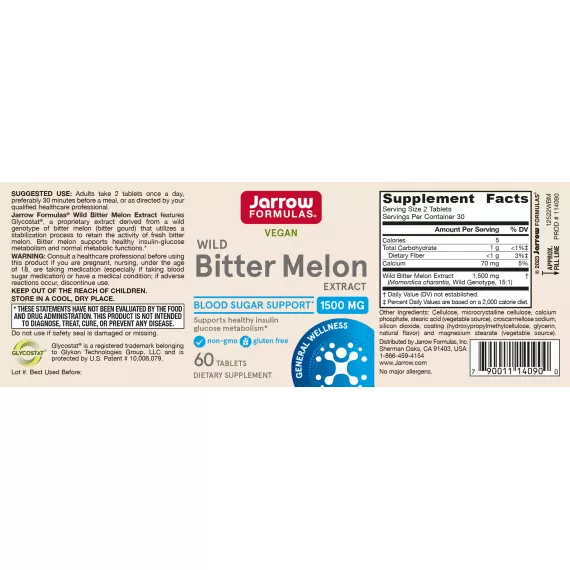 Wild Bitter Melon Extract 60 tabletten van Glycostat - wilde bittermeloen voor gezonde bloeddruk en bloedsuikerspiegel | Jarrow Formulas