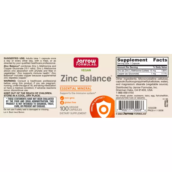 Zinc Balance 15mg 100 capsules - synergistisch werkende combinatie van gecheleerd zink en koper | Jarrow Formulas
