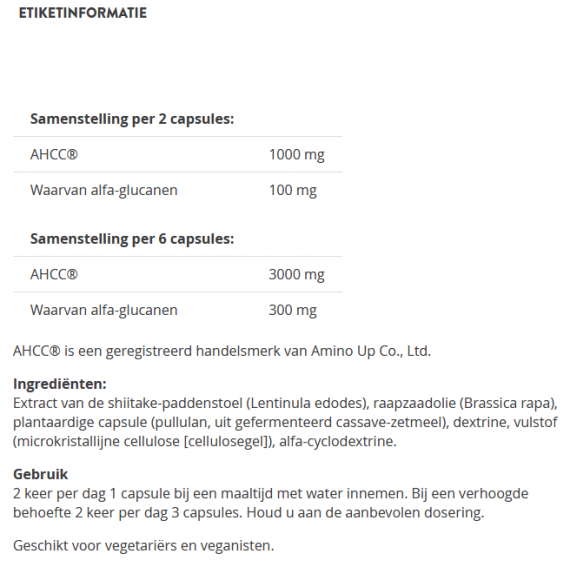 AHCC® 500mg 60 capsules - Active Hexose Correlated Compound (alfaglucanen) bevordert de weerstand | VItals