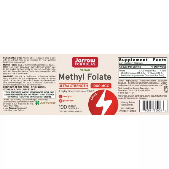 5-MTHF Methylfolate 1000mcg 100 capsules, biologisch beschikbaar foliumzuur | Jarrow Formulas