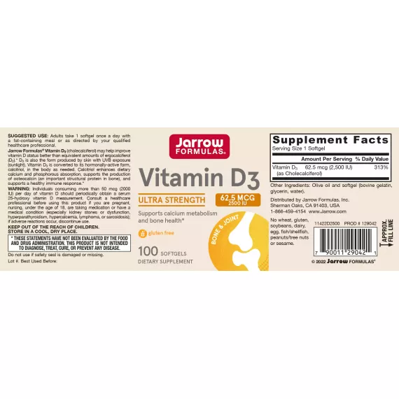 D3 - cholecalciferol 2500iu 100 softgels - 62,5mcg, for healthy cell replication, prostate, skin, bones and increased immunity | Jarrow Formulas