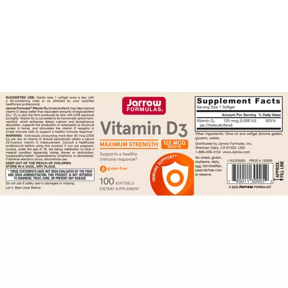 D3 - cholecalciferol 5000iu 100 softgels - 125mcg, for healthy cell replication, prostate, skin, bones and increased immunity | Jarrow Formulas
