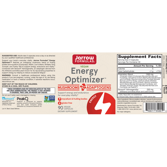 Energy Optimizer 90 capsules - blend of 6 mushroom species and ashwagandha to support energy levels and improve endurance | Jarrow Formulas