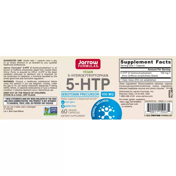 5-HTP 100mg 60 capsules - 5-hydroxytryptophan, needed for production of serotonin and melatonin | Jarrow Formulas