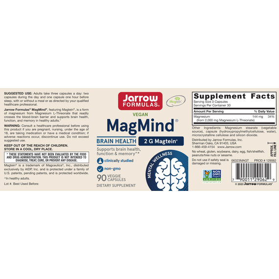 MagMind 90 capsules - magnesium L-threonaat voor de hersenen | Jarrow Formulas